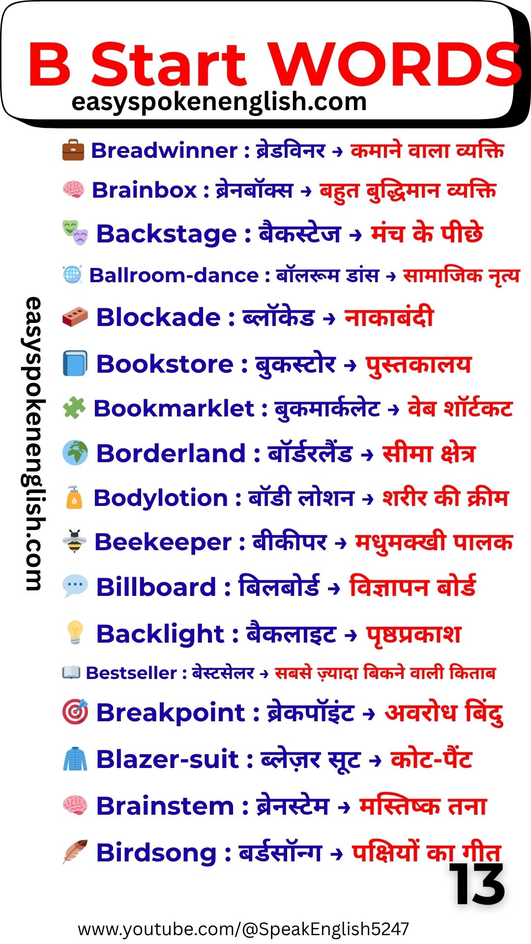 B Vocabulary Words with Hindi Meaning – Beginner B Words