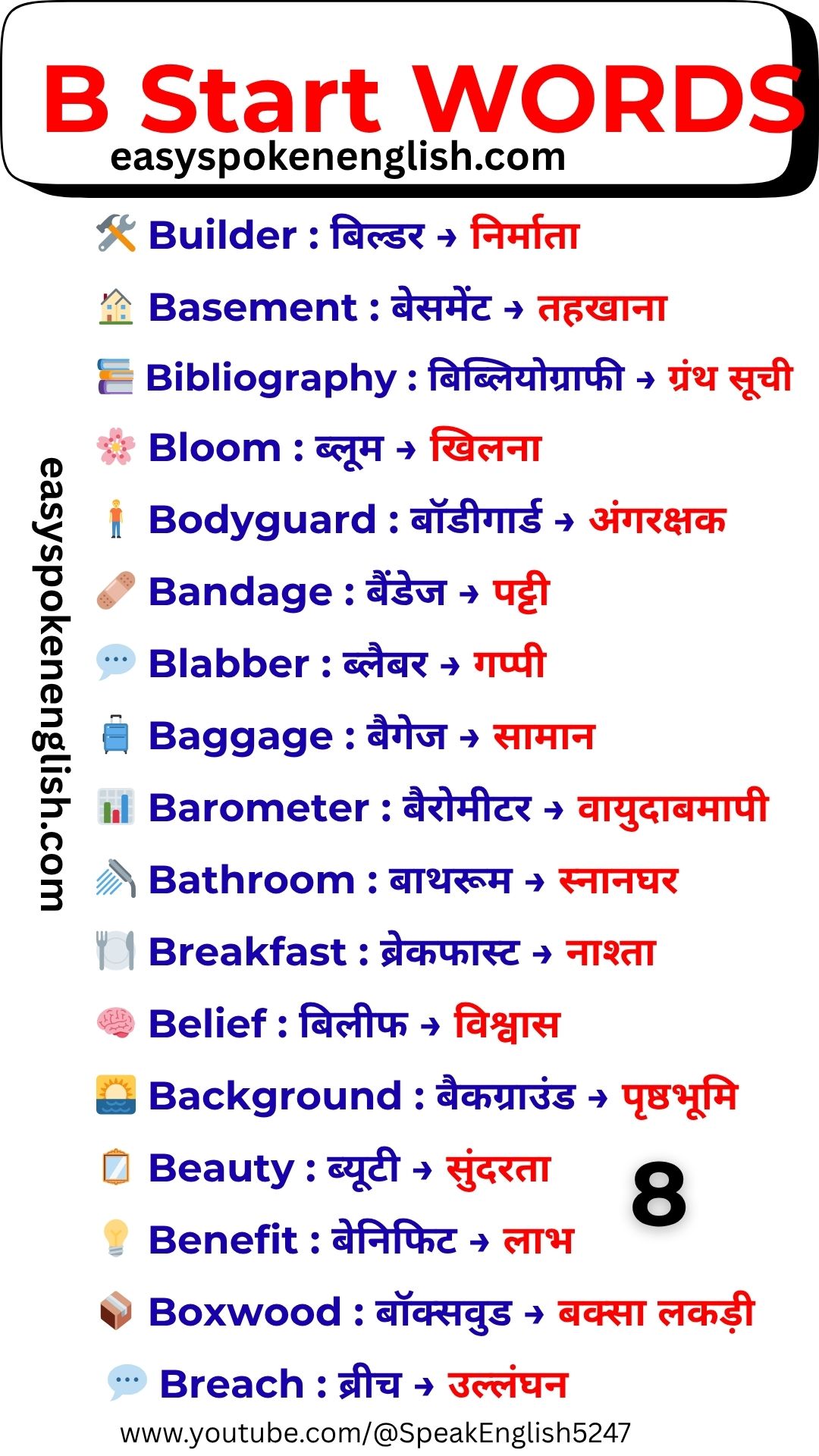B Vocabulary Words with Hindi Meaning – Practice B Words