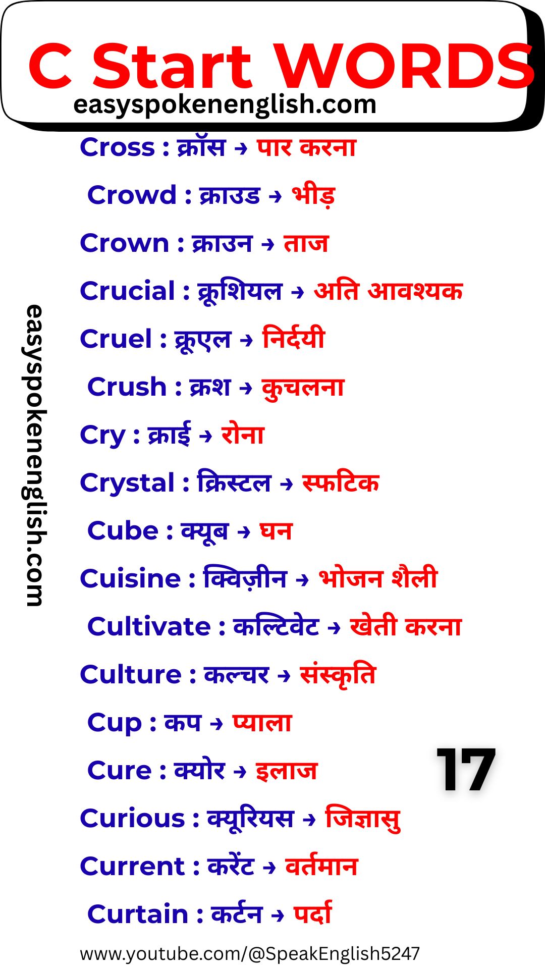 C Letter Vocabulary List with Hindi Meaning