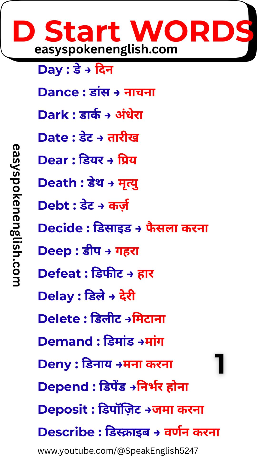 D Vocabulary Words with Hindi Meaning (Part 1)