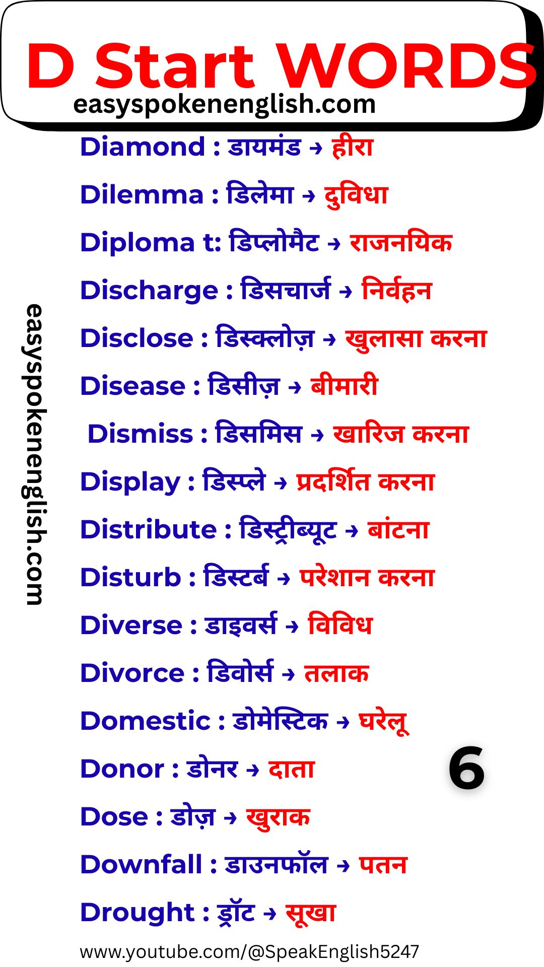 Frequently Used D Words with Hindi Meaning