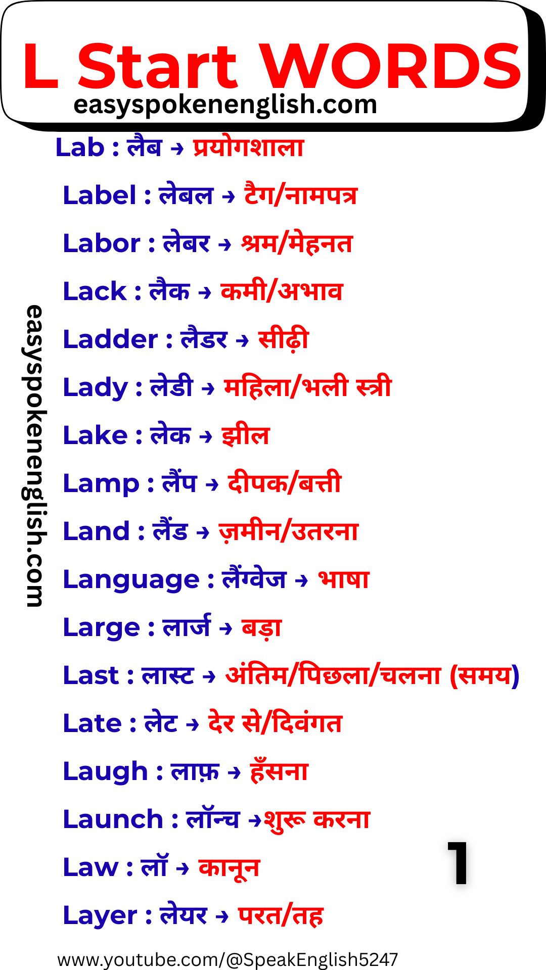 L Vocabulary Words with Hindi Meaning (Part 1)